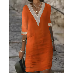 Isabeau™ | Midi dress with V-neck and contrasting lace