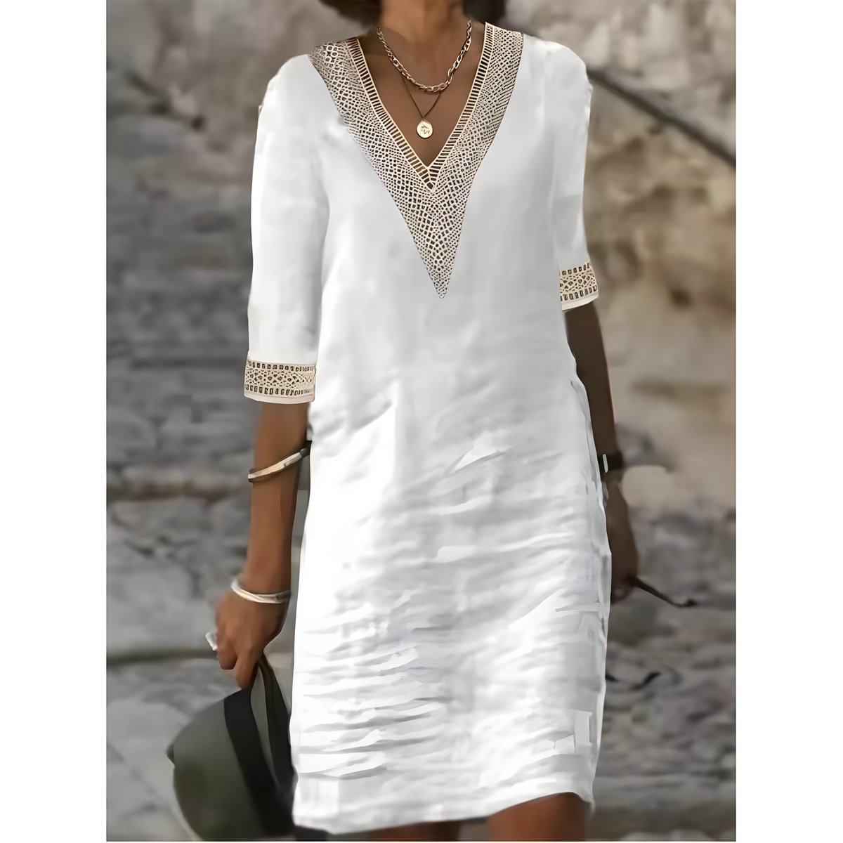 Isabeau™ | Midi dress with V-neck and contrasting lace