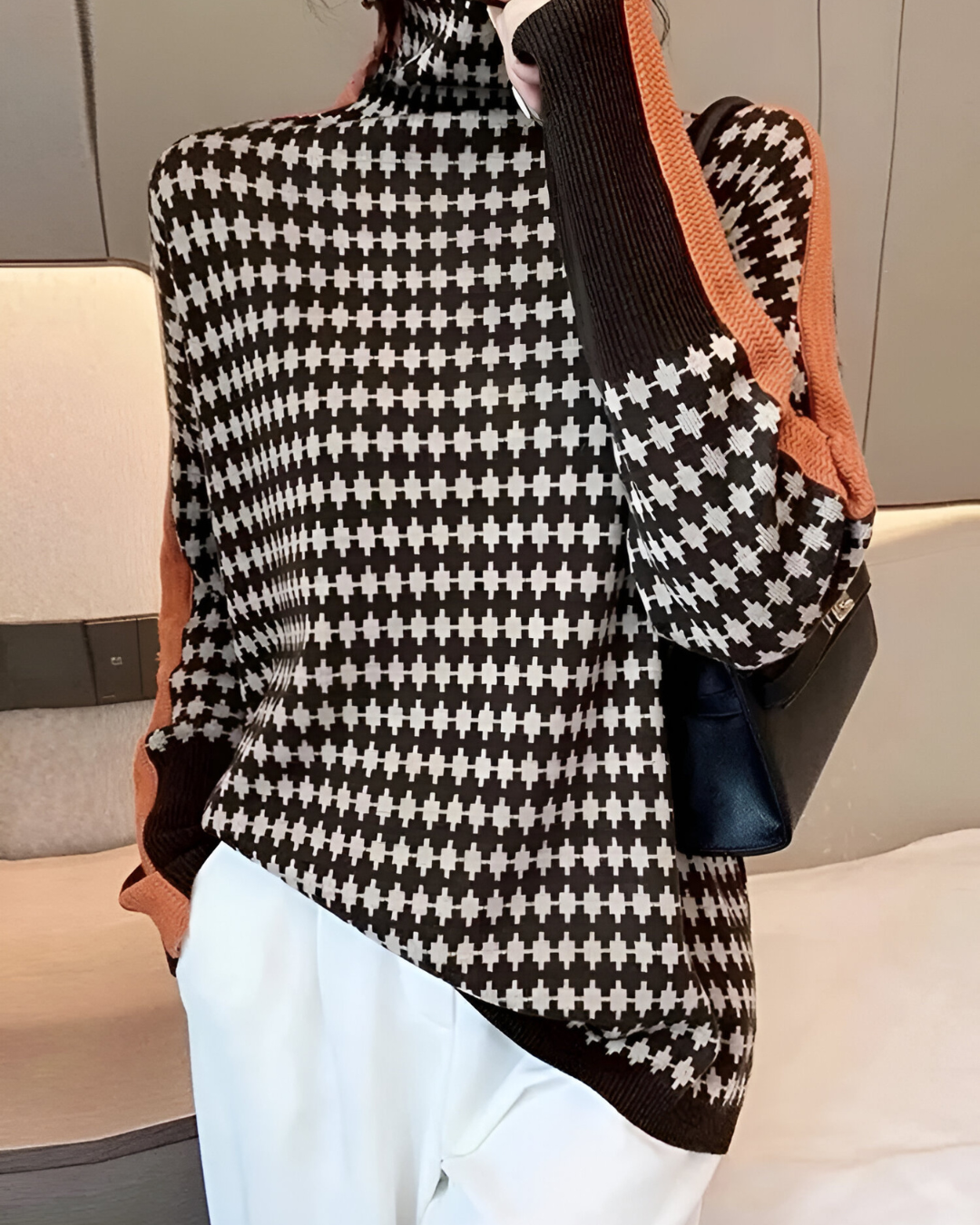 Romée™ | Elegant Knitted Sweater with High Collar and Diamond Pattern