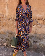 Sylvie™ | Retro Printed V-Neck Dress