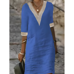 Isabeau™ | Midi dress with V-neck and contrasting lace