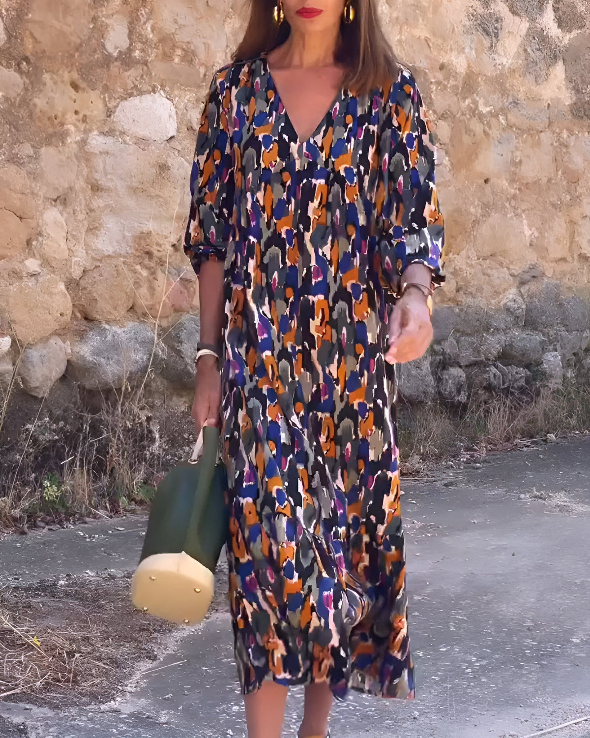 Sylvie™ | Retro Printed V-Neck Dress