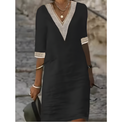 Isabeau™ | Midi dress with V-neck and contrasting lace